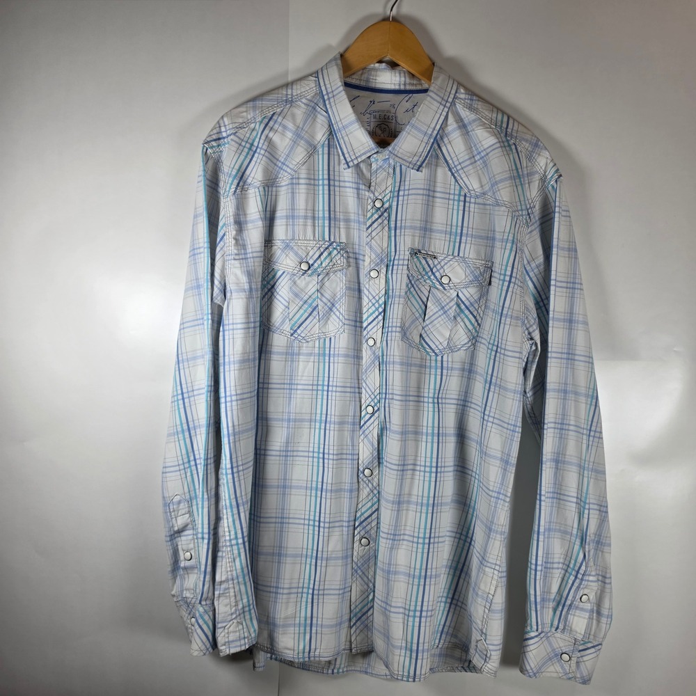 Marc Ecko Cut & Sew Mens XL Blue Plaid Long Sleeve‎ Western Snap Button Down